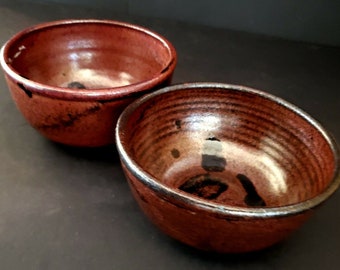 Artisan Thrown Brown and Black Glazed Stoneware Pottery Bowl - Set of 2 Signed