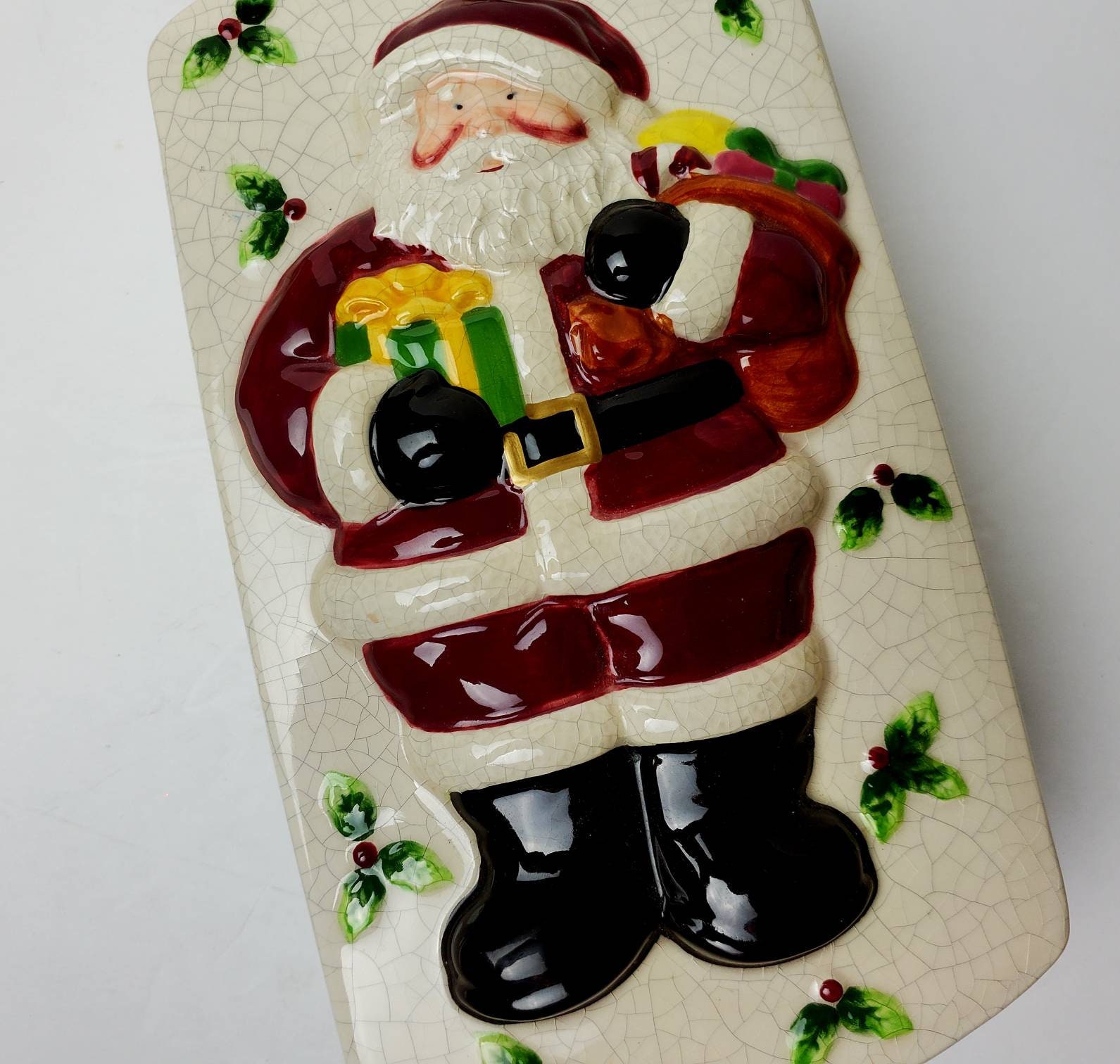 Christmas Loaf Pan for decorating or use, Santa, Crackle Painted Lid  Collectible