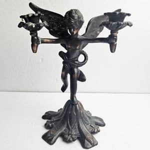 Antique Art Deco Bronze Metal Brass Cherub Double Candleabra Statue Room Decor Antique Collectible Angel Candlestick Holder