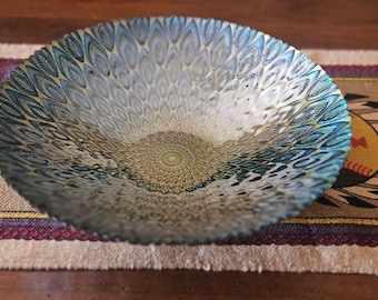 Anton Studio Designs Peacock Glass Bowl 16" Hand Painted Turkish Art Glass Centerpiece Blue Teal Gold Scalloped Tray No Chips