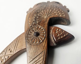 Antique Scandinavian Hand-Carved Wooden Nutcracker | Vintage Folk Art Kitchen Tool | Rustic Primitive Woodcracker with Geometric Carving Nor