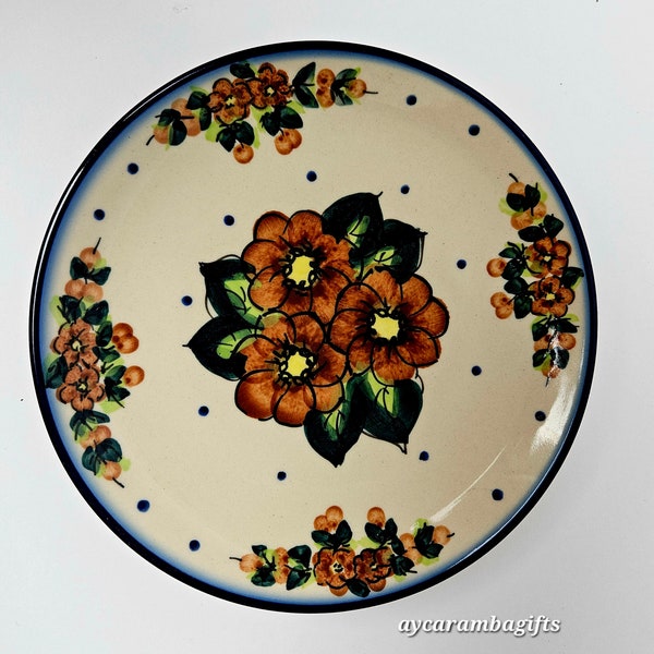 Vintage Polish Pottery Poppy Blooms Dessert Dish 7.5" UNIKAT Ceramika Bona BOLESLAWIECKA Handmade, Hand Painted Plate Rare Hard to Find