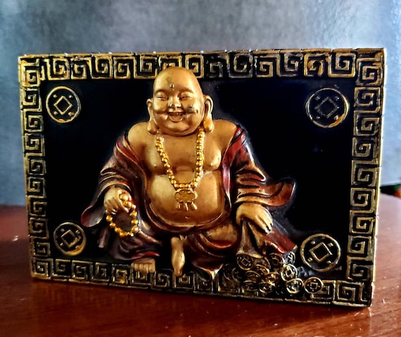 Vintage Buddha Wood Trinket Box: Gold Gilted Lucky Buddha Keepsake