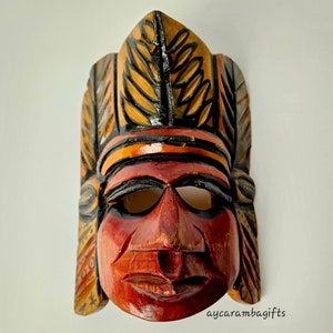 Masque de guerrier maya vintage sculpté à la main : art populaire d'Amérique centrale