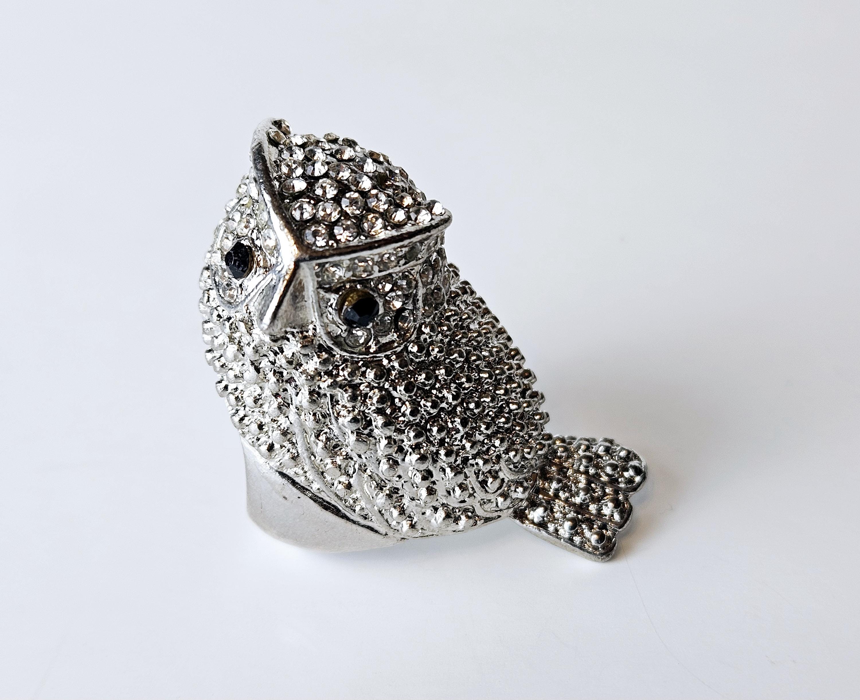 Vintage Amrita Singh Crystal Studded Owl Statement Ring Bold Luxe Statement Jewelry Crystal Silver O
