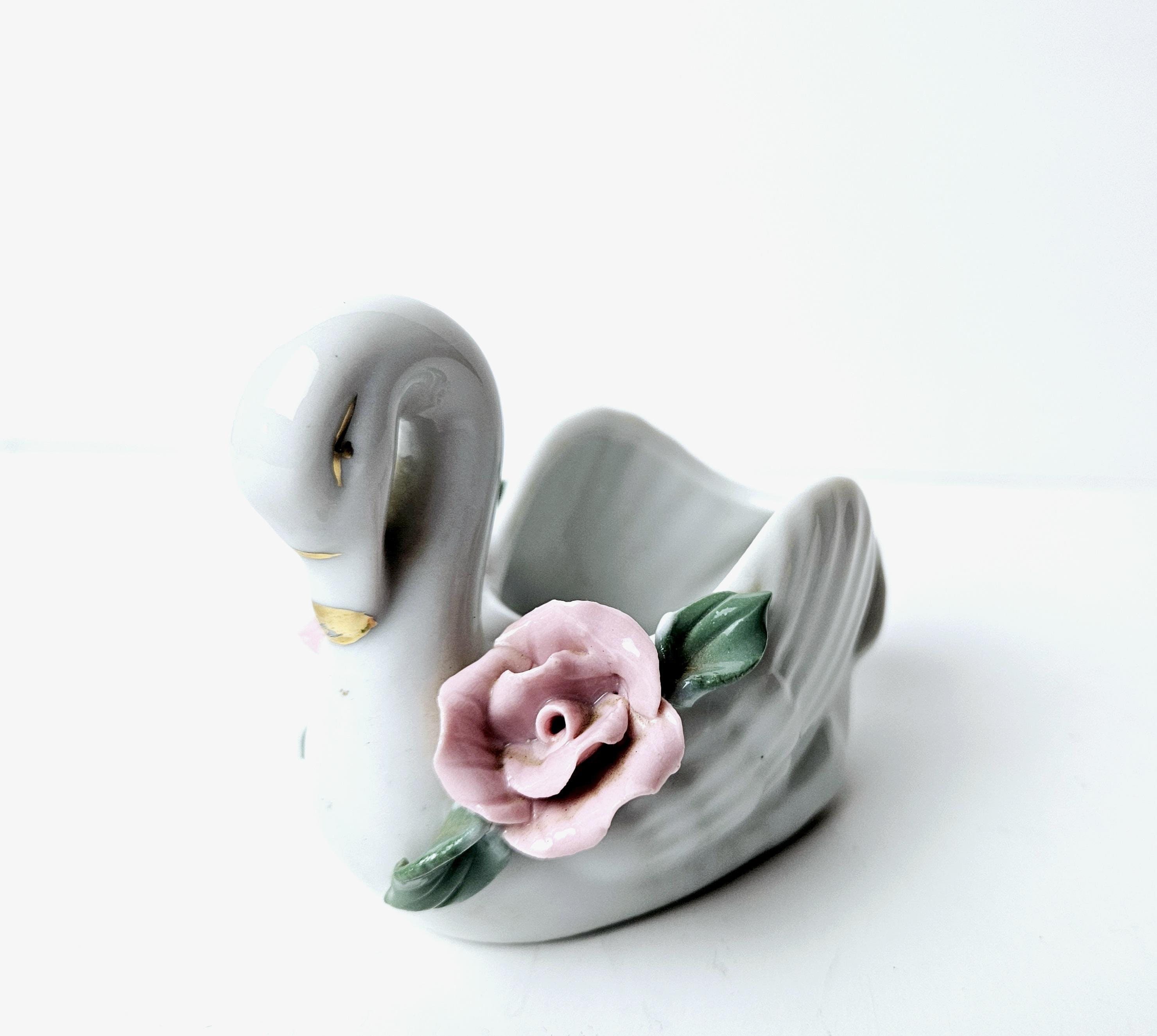 Vintage White Ceramic Swan With Gold Trim and Pink Roses Trinket