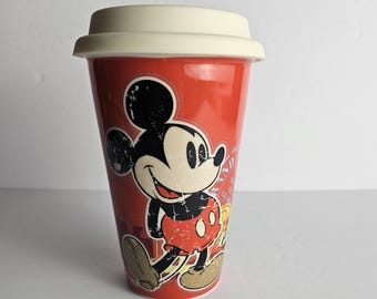 Disney Parks Mickey Mouse Timeless Ceramic Travel Coffee Mug Tumbler – Red 12oz – Original 1938 Mickey Mouse Distressed Finish