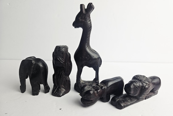Vintage African Ebony Wood Animal Figurines – Hand-carved Tribal