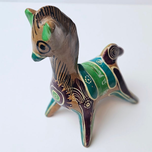 Vintage Handmade, Hand Painted Tonala' Mexico Pottery Figural Horse Coin Bank Old Mexico Folkart Clay Piggy Bank Colorful Pottery Gift Ideas