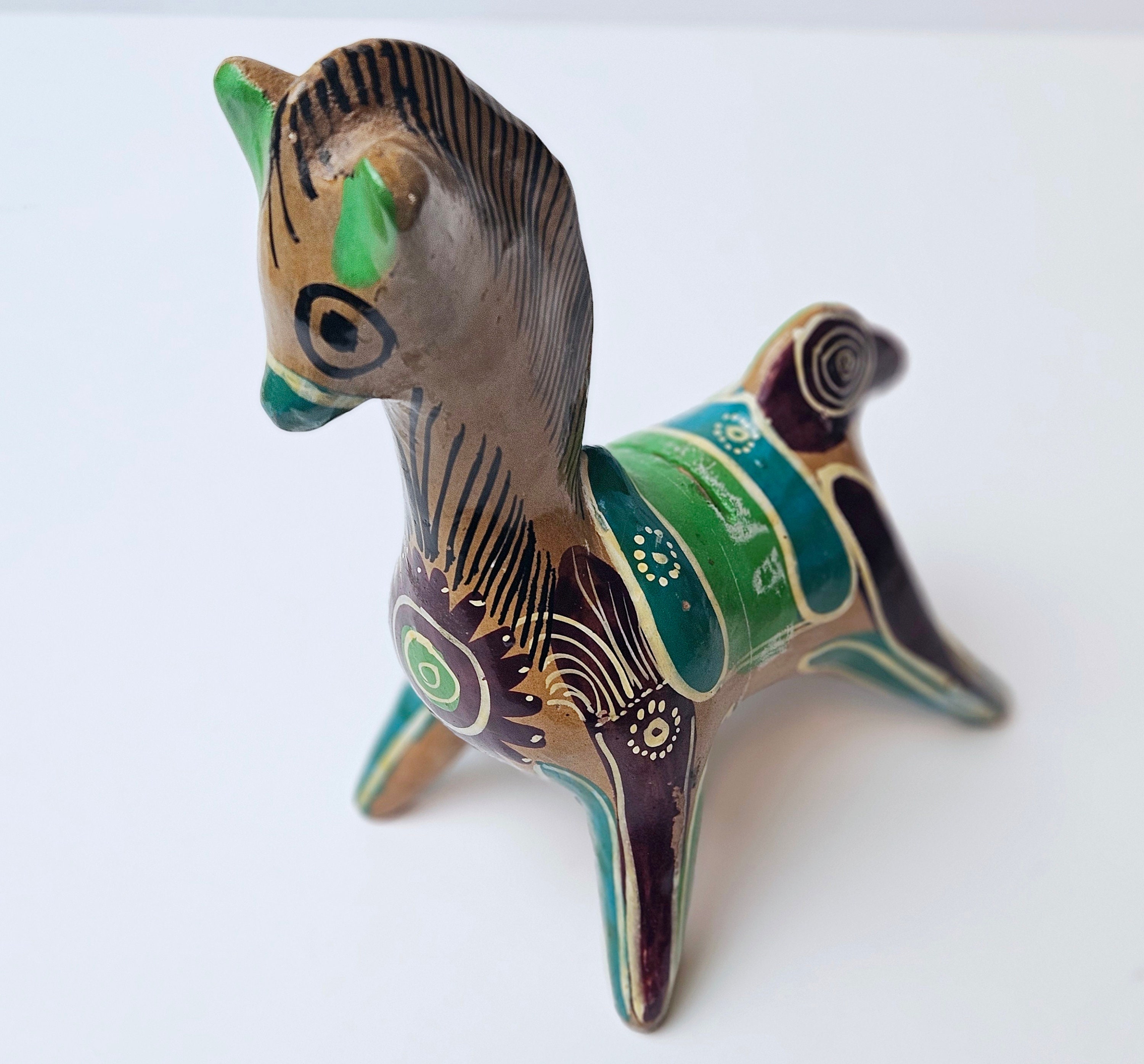 ヴィンテージのトナラ陶器製馬型貯金箱：手描きのメキシコ民芸品 