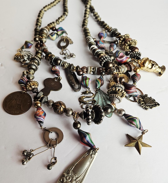 Boho Charm Statement Necklace • Mixed Metal Beads… - image 6