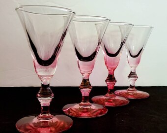Mid Century Modern Stemmed "Pony" Liquor Cocktail Shot Cordial Blush Pink Glass Set of 4