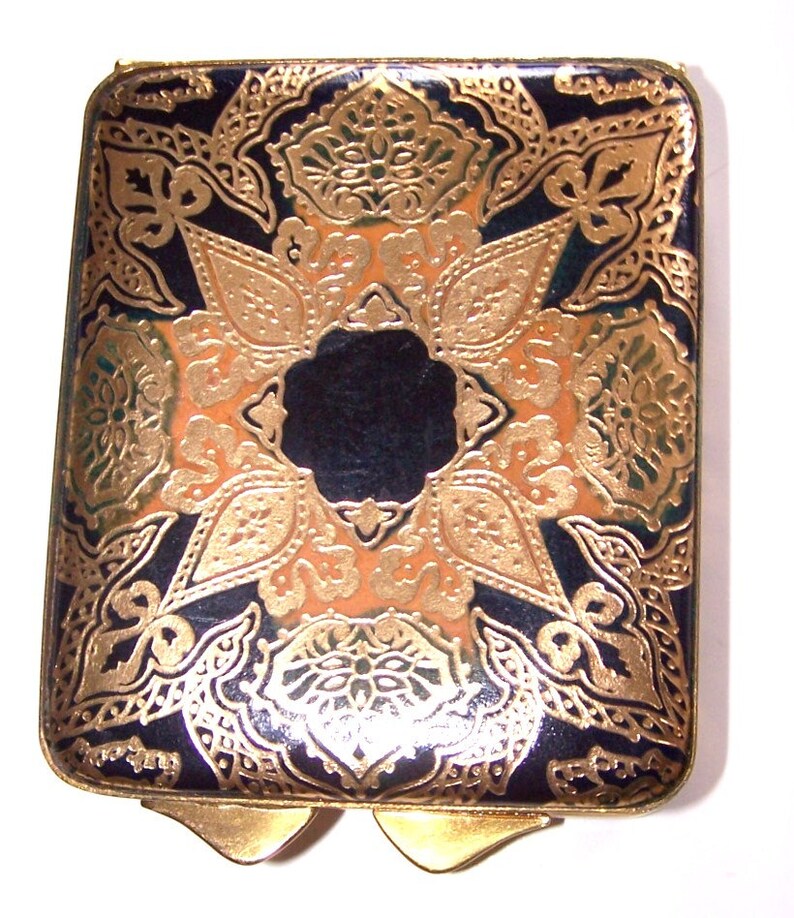 Vintage Compact With Mirror Black Enamel Floral Pattern