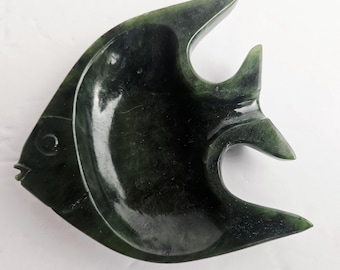 Vintage Hand Carved Nephrite Jade Fish Ashtray - Deep Green Canadian / BC Jade Sculpture - Rare Marine Life Art Figural Ashtray