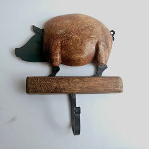 Vintage Schwein Wandhaken Metall und Holz Primitive Rustikale Dekorative Bauernhaus Küchenhaken