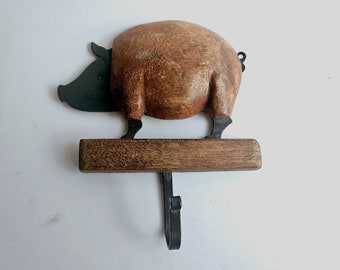 Vintage Pig Wall Hook Metal and Wood Primitive Rustic Decorative Farmhouse Kitchen Hook