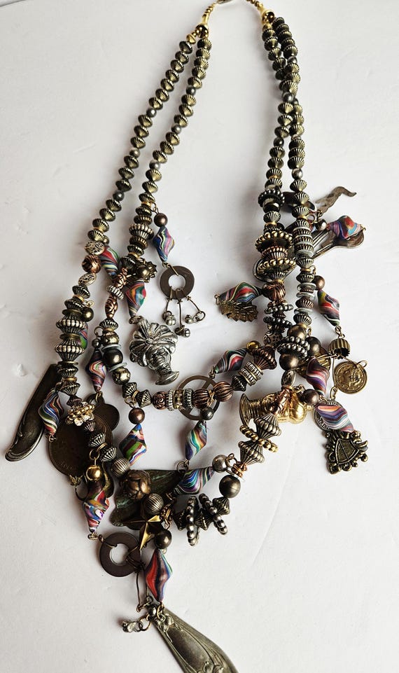 Boho Charm Statement Necklace • Mixed Metal Beads… - image 9