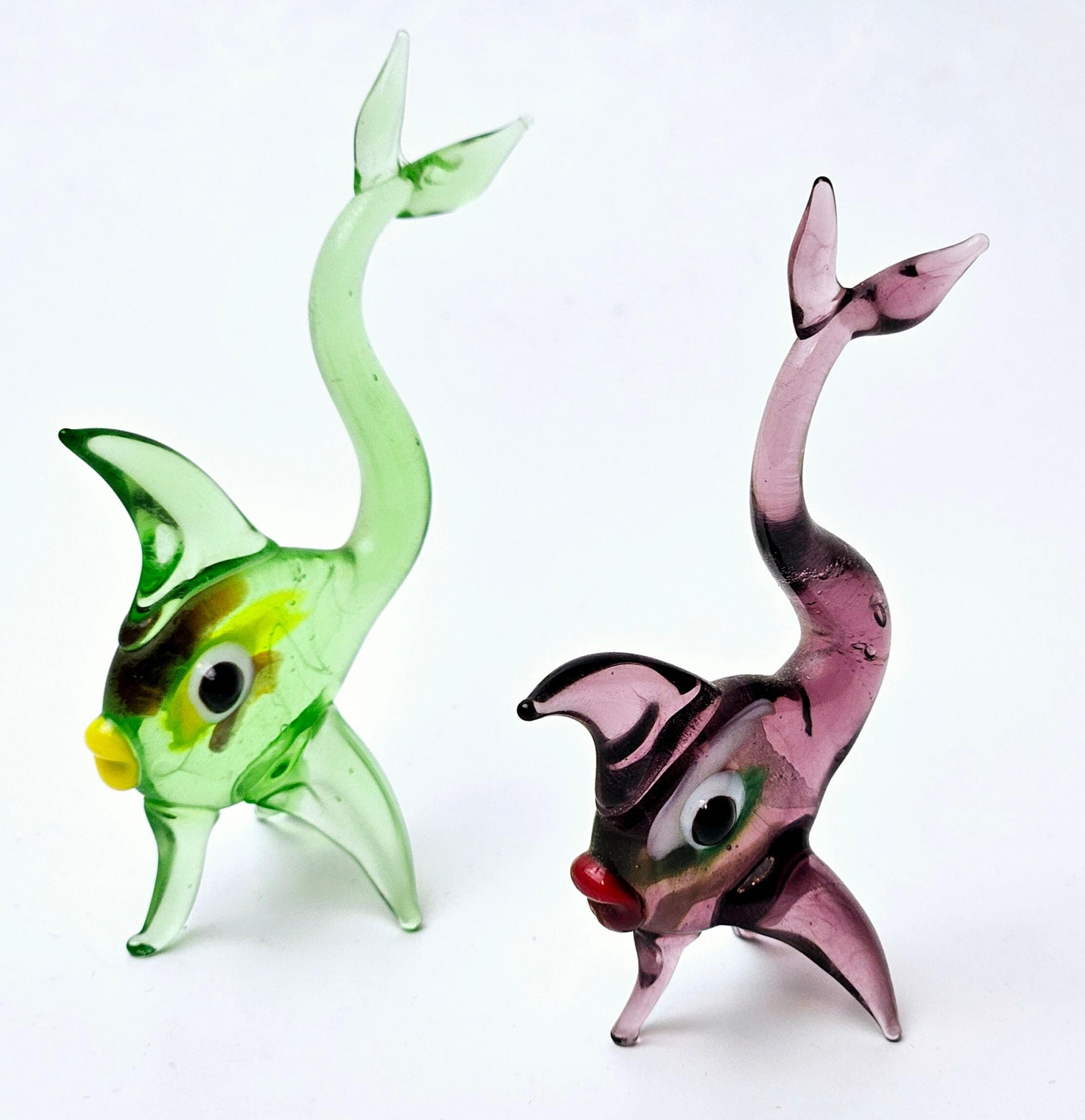 Vintage Hand Blown Glass Fish Figurines Pair Purple and Green Art Glass Fishies