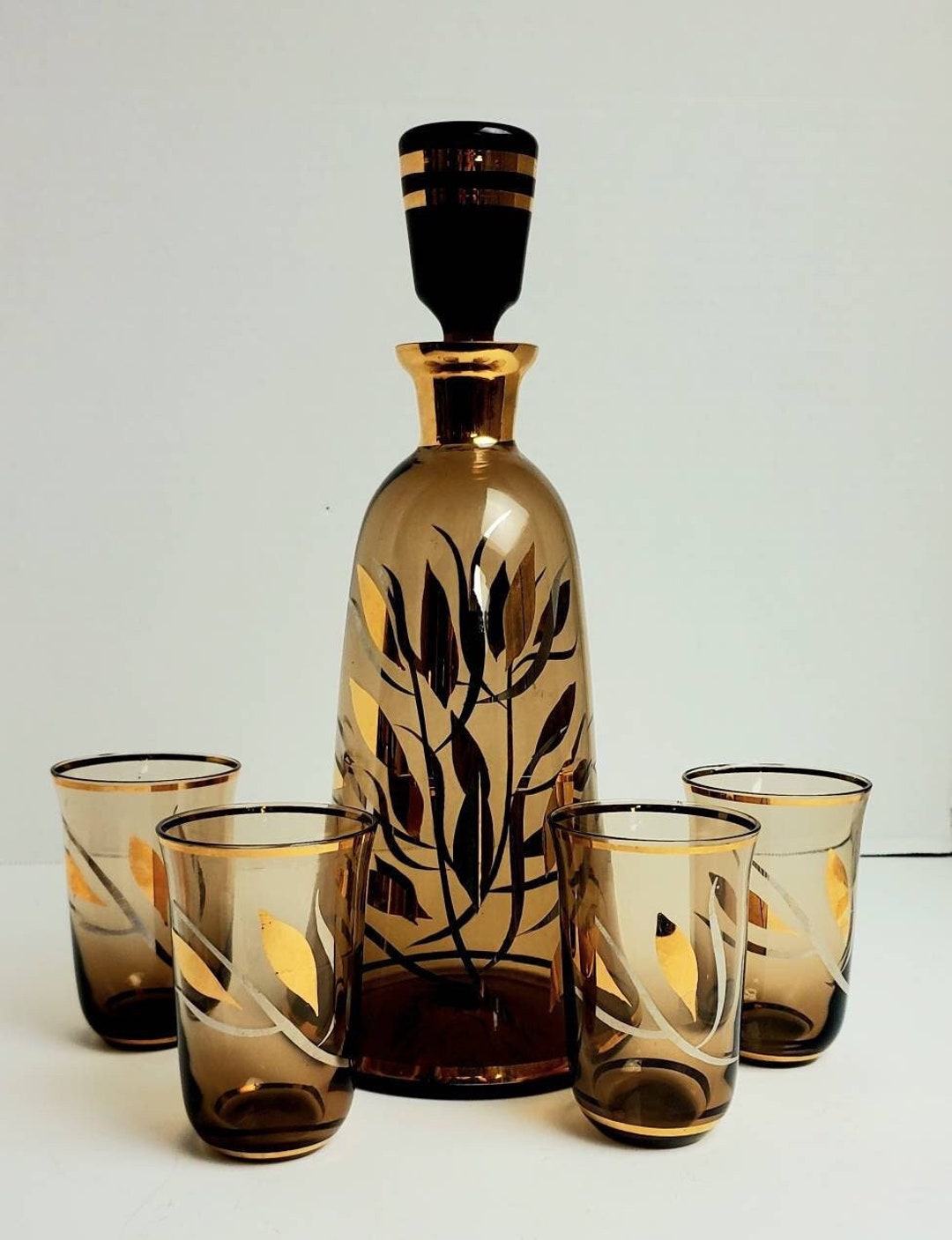 Vintage Murano Art Glass Decanter Set Gold and Silver Details Etsy