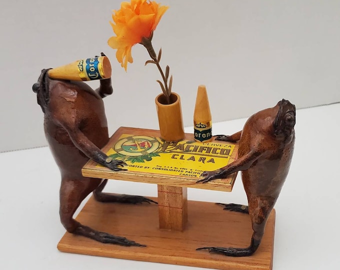 Vintage Old Mexico Folkart Taxidermy Frogs Drinking Corona Beer on a