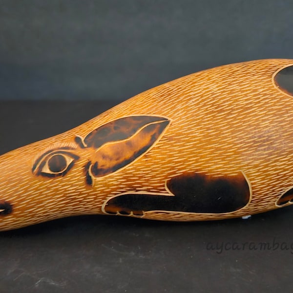 Rare Vintage Hand carved, Hand Painted Gourd Rat Maraca Rain Stick Rattle South American Gourd Art Percussion Instrument Signed LC 9 1/2"L