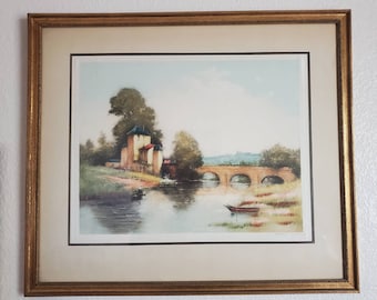 Signed, Framed Vintage Etching &quot;The Old Mill&quot; by Maurice Levy Original Wood Frame