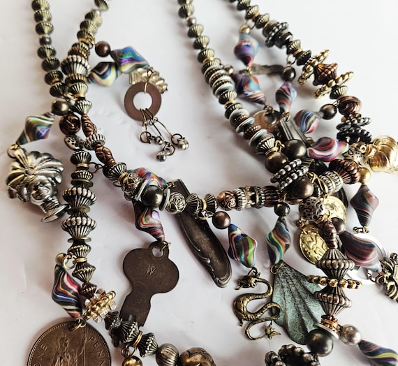 Boho Charm Statement Necklace • Mixed Metal Beads… - image 18