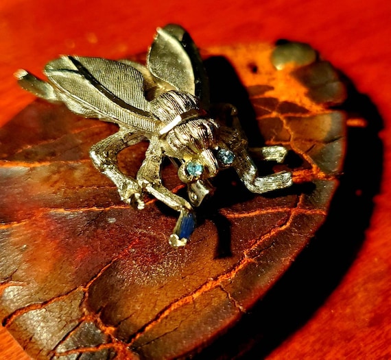 Small Vintage Silver Fly with Blue Crystal Eyes L… - image 1