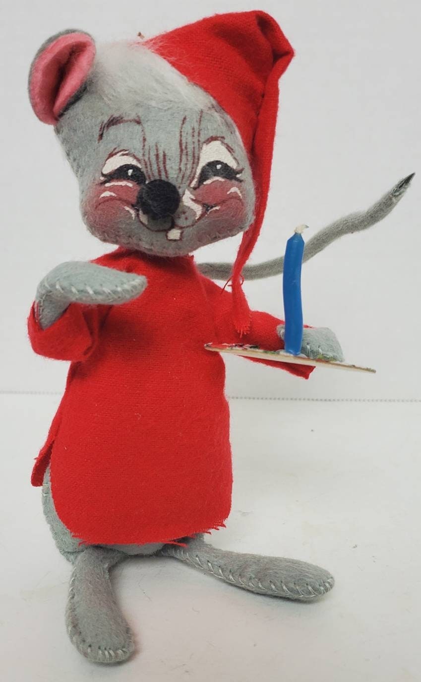 Vintage Christmas Characters Annalee Mobilitee Christmas Mouse In Red Cap and Night Shirt with Blue Candle
