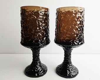 Vintage Lenox Impromptu Brown Water Goblets 7" Textured Crystal Glasses - Pair MCM Hand Blown Brutalist Wine Chalices Drinkware - Set of 2