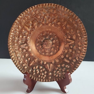 Vintage Embossed Copper Mayan Aztec Calendar Decorative Plate Mexican Copper Aztec Sun God Wall Art Hecho en Mexico Home Decor Accents