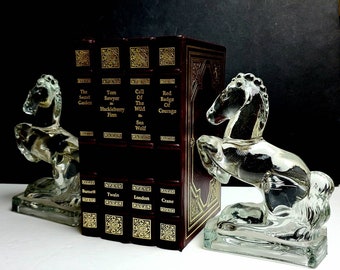 Vintage C1940 Pair of Sparkling Clear Glass Rearing Horses Bookends by L. E. Smith Glass