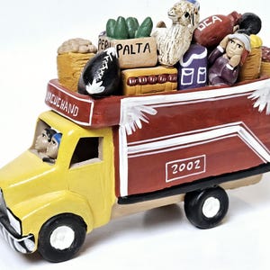 Vintage Rustic Primitive Handsculpted Peruvian Terracotta Clay Folkart &quot;Chiva&quot; Open Air Bus Truck Hand Painted Choose One Red or Yellow Bus