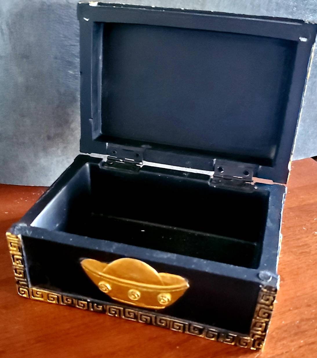 Vintage Buddha Wood Trinket Box: Gold Gilted Lucky Buddha Keepsake