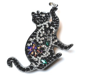 Vintage chat noir orné de bijoux avec broche papillon, strass colorés, cadeau pour amoureux des chats