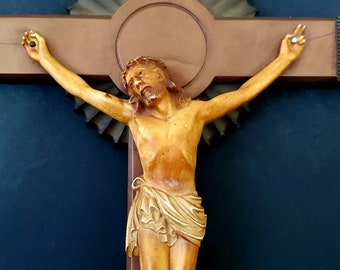 Large Celluloid Plastic Catholic Crucifix Antique Wall Mount Crucifix w/ Christ Figure Lightweight