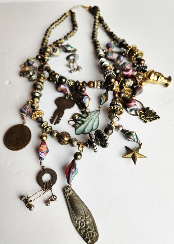 Boho Charm Statement Necklace • Mixed Metal Beads… - image 11