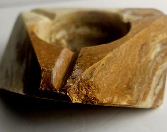 Vintage MCM Carved Onyx Stone Ashtray | Triangle Multi-Tonal Geometric Marble Catchall Trinket Dish Tray | Pre-owned Retro Decor
