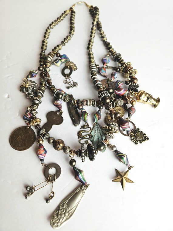 Boho Charm Statement Necklace • Mixed Metal Beads… - image 19