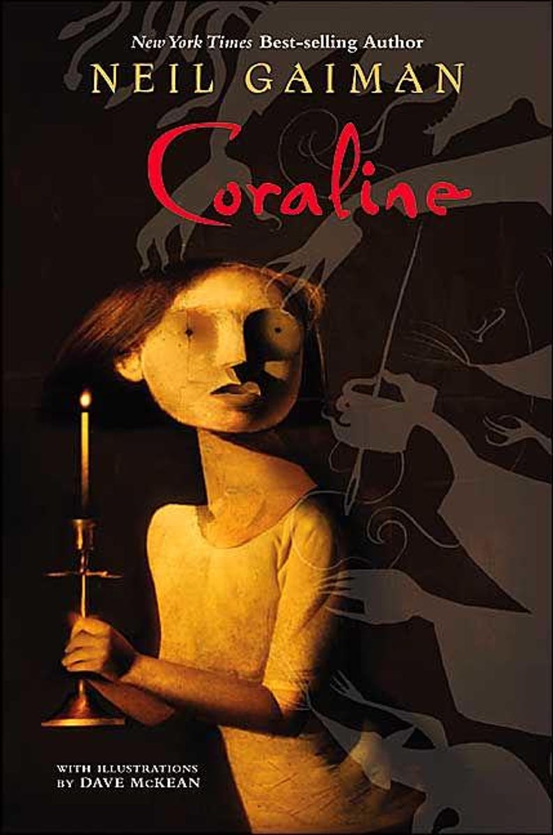May include: Book cover for "Coraline" by Neil Gaiman, featuring an illustration by Dave McKean. The image shows a figure holding a candle, with the title in red script. The background is dark with silhouetted figures.