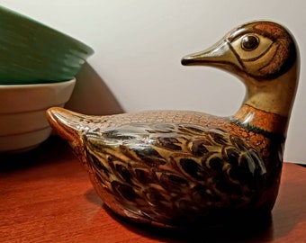 Vintage handbemalte mexikanische Steinzeug-Keramik Folkart Ente signiert Carlos Villanueva