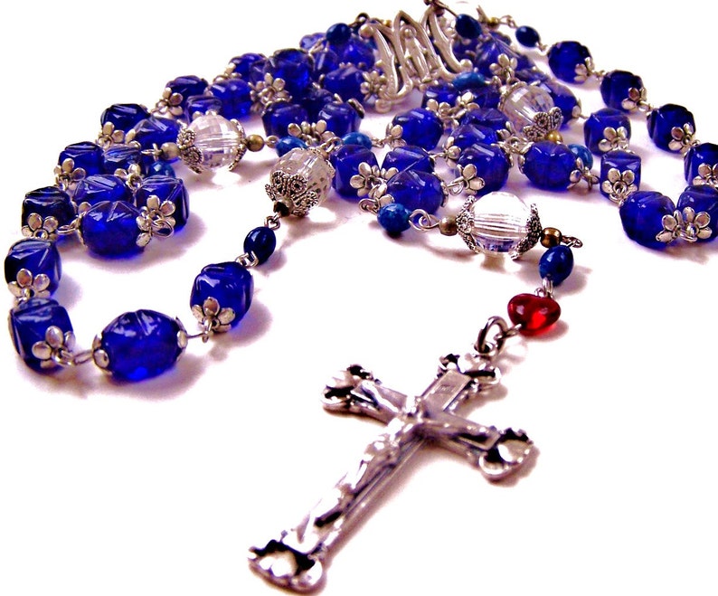 Repurposed Vintage Cobalt Glass Bead Rosary Necklace in Honor Etsy