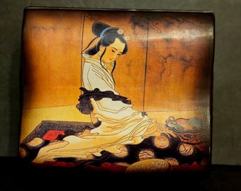 Vintage Jewelry Box with Japanese Beautiful Geisha Girl Hand Painted on Lid with Pull Out Tray and Collapsible Mirror Inside