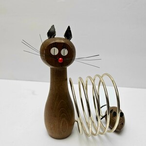 Suporte para cartas de gato e rato em madeira de teca dinamarquesa moderna de meados do século, acessórios de mesa, suporte para correspondência