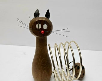 Vintage Mid Century Modern Wooden Cat and Mouse Letter Holder Stand Desk Accessories Mail Holder