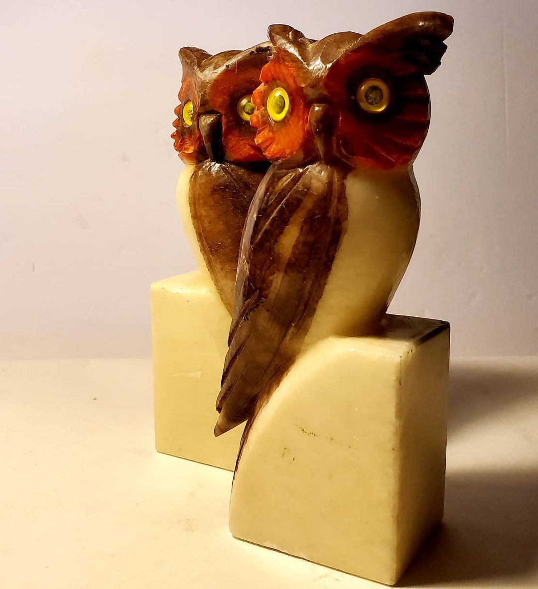 Image showcasing Vintage Mid Century Modern Hand Carved Marble Owl Bookends Carved Stone ...