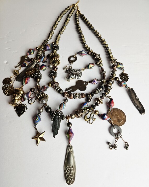 Boho Charm Statement Necklace • Mixed Metal Beads… - image 2