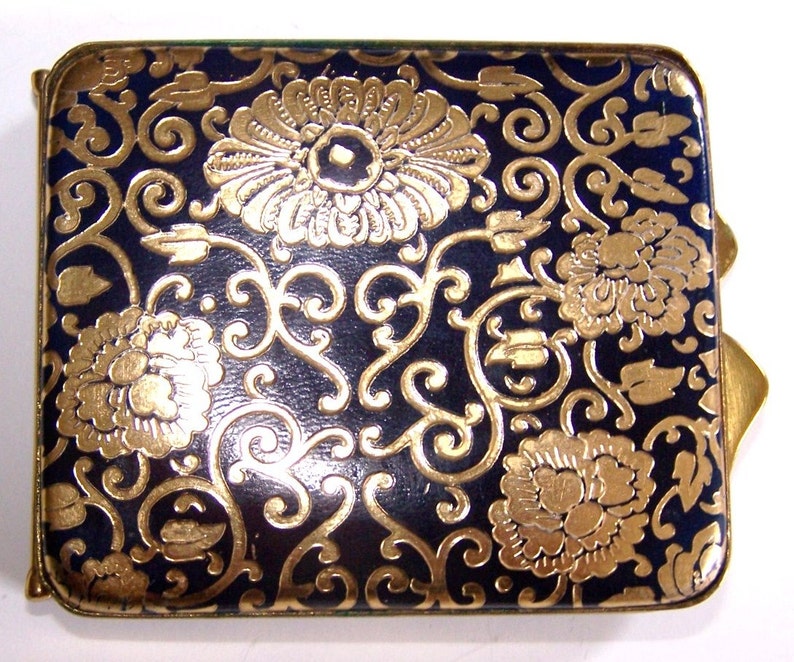 Vintage Compact With Mirror Black Enamel Floral Pattern