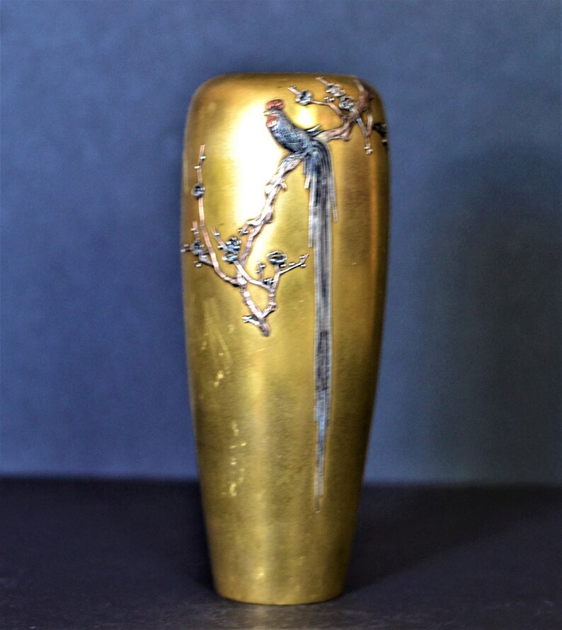 Antique Japanese Bronze Inlaid Vase With Rooster Meji C1900 Etsy