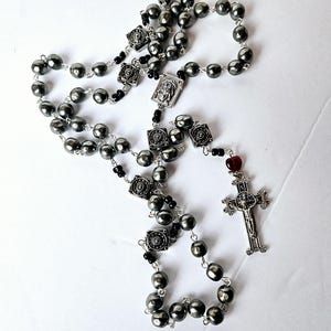 Handmade Silver Pearl Rosary with Christ Face Center  - Catholic Gift - Baptism  - First Communion - Wedding - House Warming